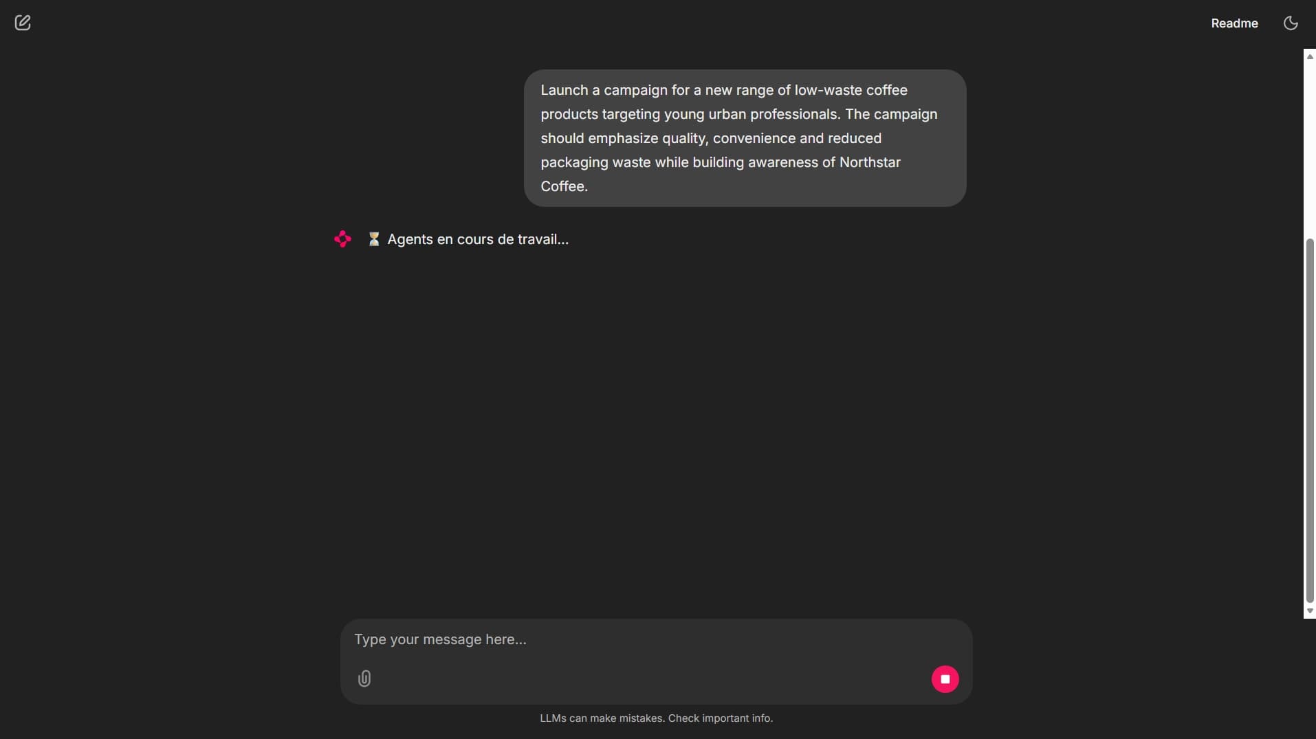 Chainlit interface showing the Northstar Coffee campaign brief submitted and the workflow entering execution.